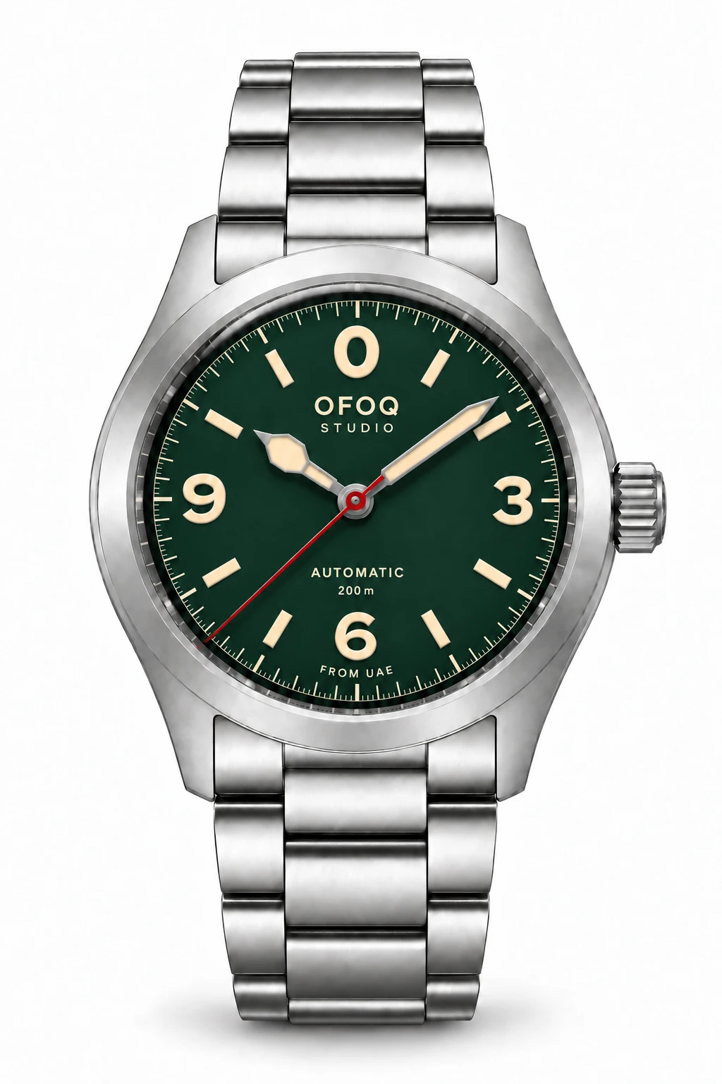 OFOQ Perspective with a green dial on a steel bracelet
