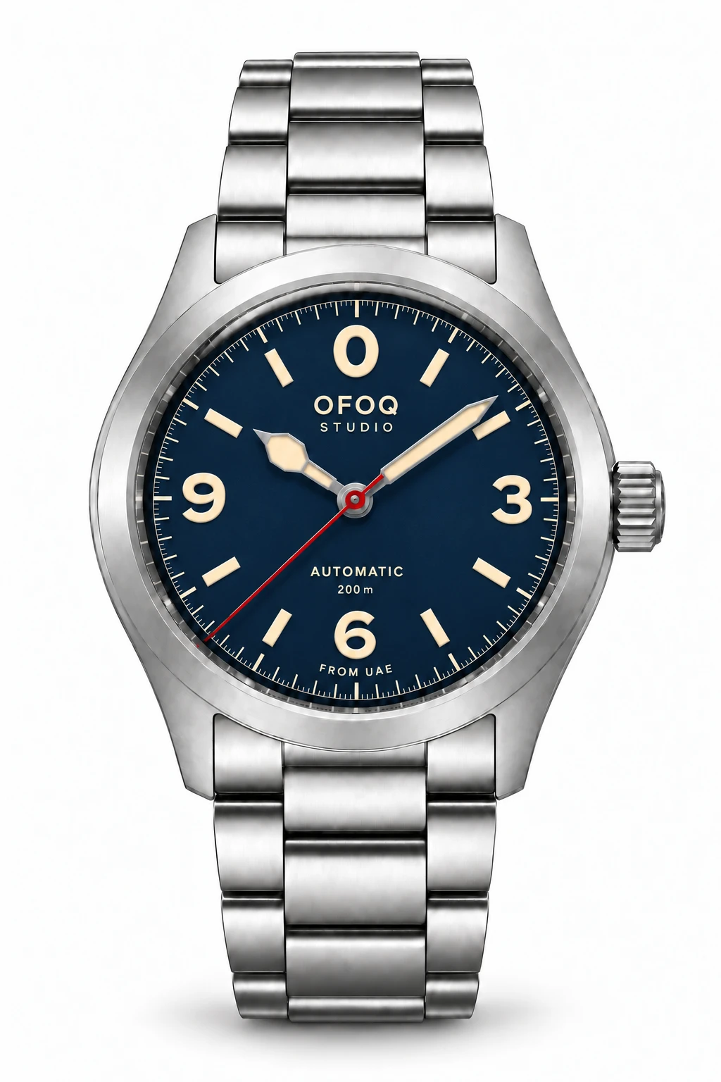 OFOQ Perspective with a navy dial on a steel bracelet